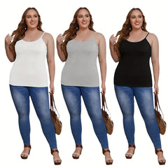 3 Pack Plus Size Basic Cami Top Set Women's Plus Plain Round Neck