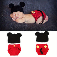 2pcs Baby Boys Mouse And Flower Knit Hat Underwear Set
