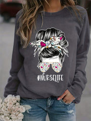Nurse Life Print Loose Sweatshirt Casual Long Sleeve Crew Neck