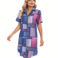 Women's Plus Denim Print Zipper Short Sleeve Turn Down Collar Dress