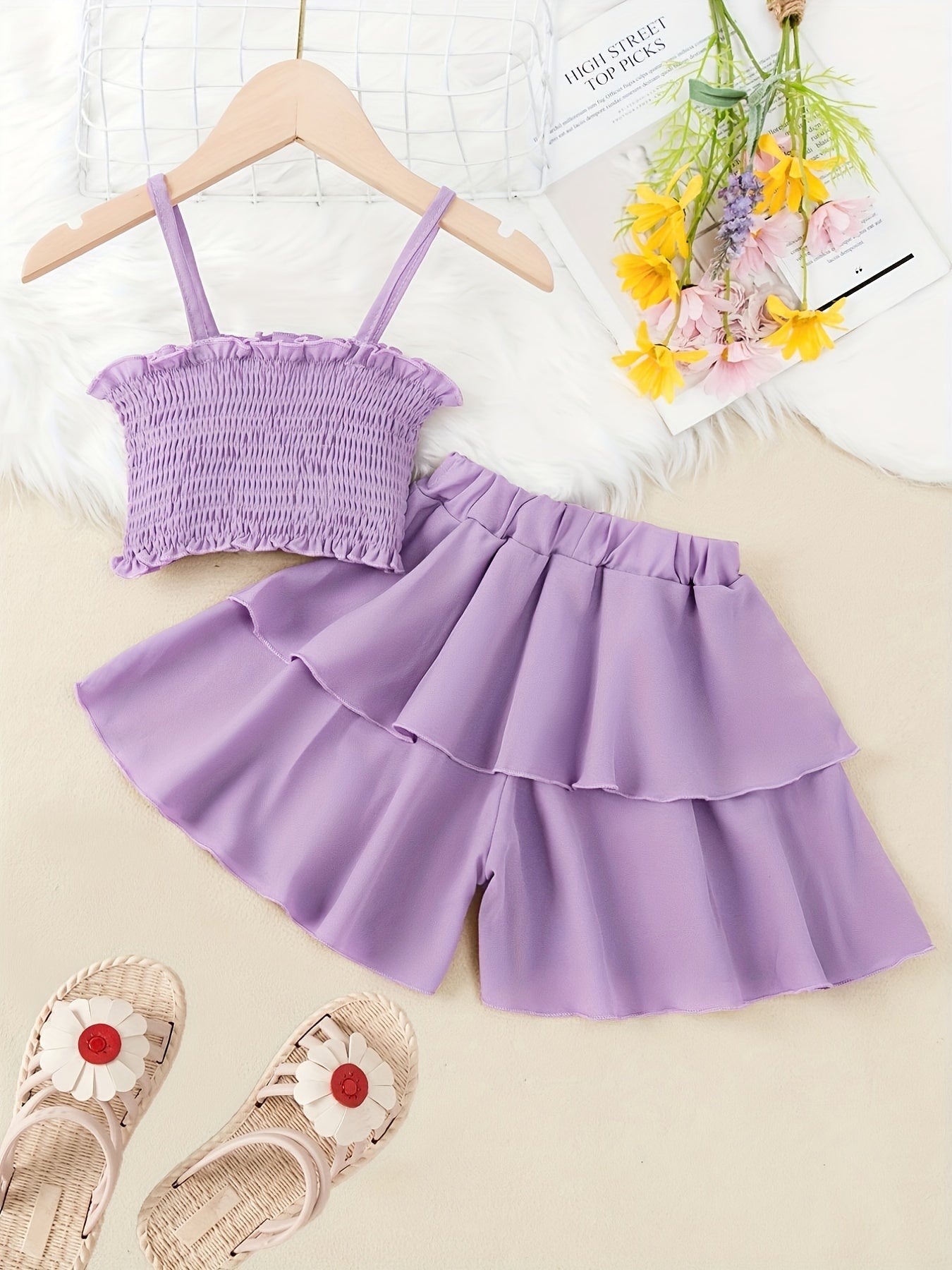 2pcs Toddler Girls Shirred Cami Crop Top & Ruffle Trim Shorts Set