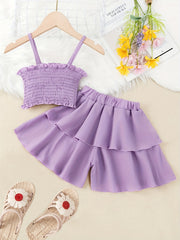 2pcs Toddler Girls Shirred Cami Crop Top & Ruffle Trim Shorts Set