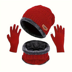 Winter Knitted Hat Scarf Gloves Set Velvet Lining Touch Screen Thermal Gloves