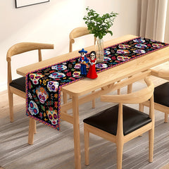 Mexican Style Skull Linen Table Runner Halloween Decor