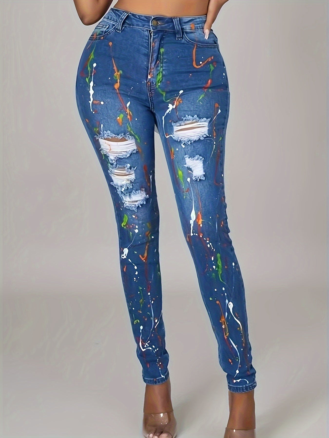 Women's Plus Graffiti Print Ripped Button Fly High Rise Skinny Jeans
