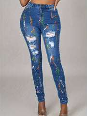 Women's Plus Graffiti Print Ripped Button Fly High Rise Skinny Jeans
