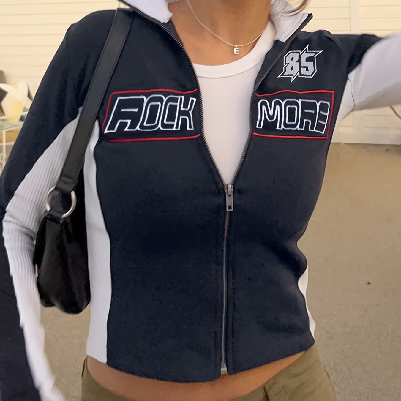 Y2K Block Letter Print Jacket Crop Zip Up Women's Clothing
