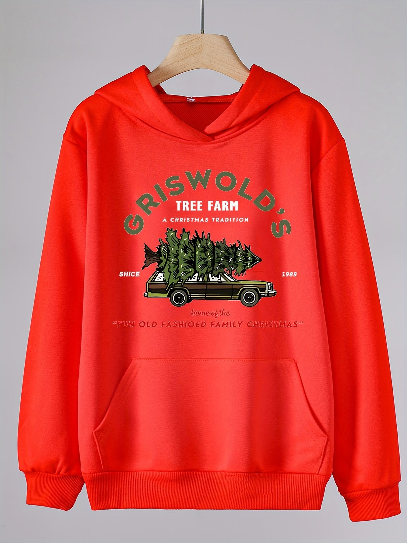Girls Cartoon Christmas Tree On Car Pattern Long Sleeve Hooded Sweatshirt