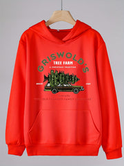 Girls Cartoon Christmas Tree On Car Pattern Long Sleeve Hooded Sweatshirt