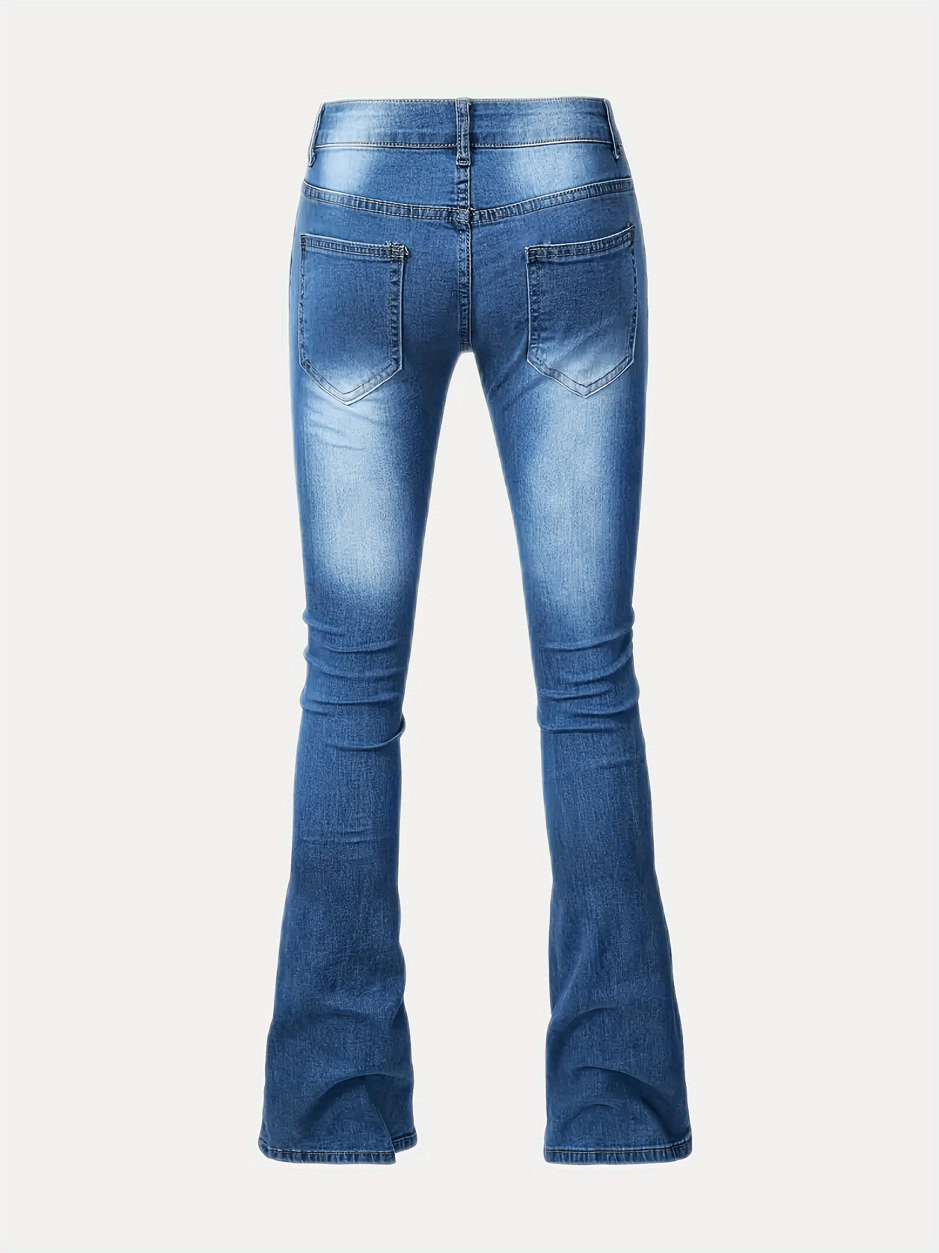 Water Ripple Embossed Flare Leg Denim Pants Whiskering High Stretch