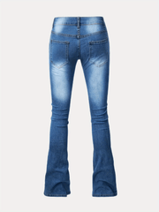 Water Ripple Embossed Flare Leg Denim Pants Whiskering High Stretch