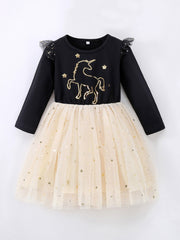 Girls Sequins Unicorn Embroidered Dress Stars Mesh Princess