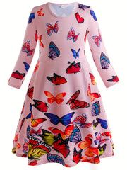 Girls Butterfly Graphic Long Sleeve Dress Spring Fall Party