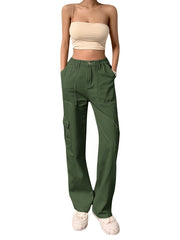 High Rise Solid Cargo Pants Expanded Pockets Loose Baggy Fit