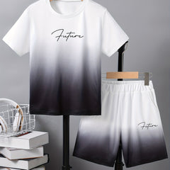 Boy's Gradient 2pcs T shirt & Shorts Set FUTURE Print Short Sleeve Top