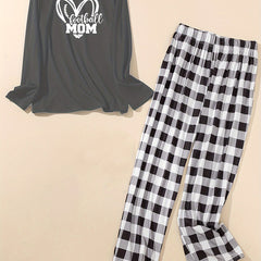 Heart Rugby & Letter Print Long Sleeve Tee & Plaid Pants Pajama Set