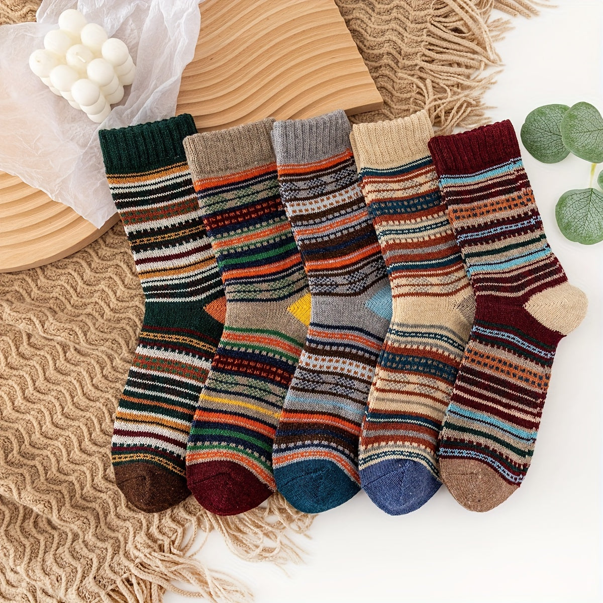 5 Pairs Mixed Outdoor Wool Socks Thick Soft Comfortable Mid Calf