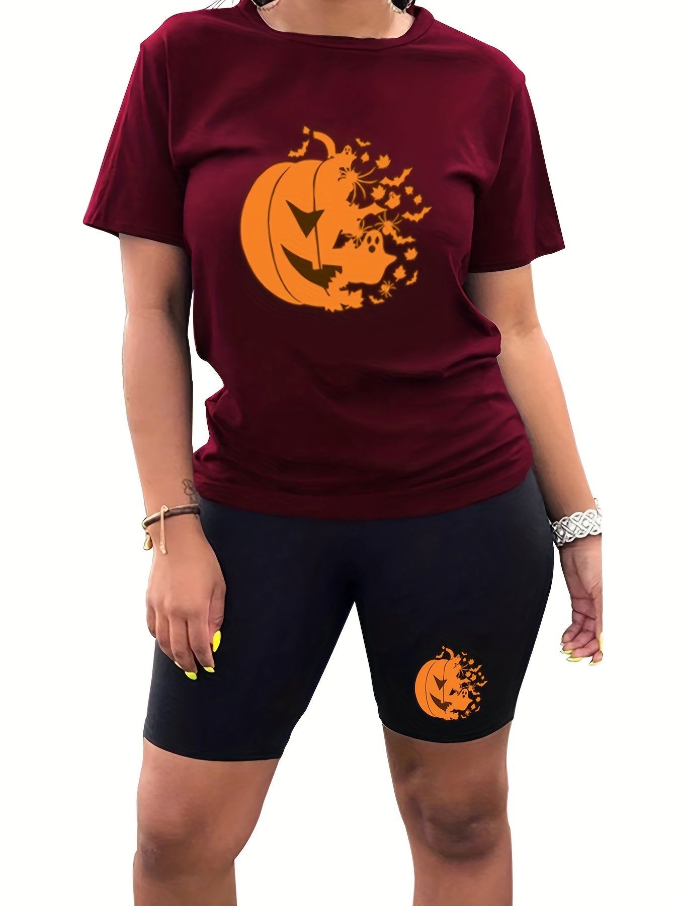 Halloween Pumpkin Print 2pc Set Tee & Biker Shorts Outfit