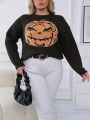 Women's Plus Pumpkin Print Long Sleeve Sweater