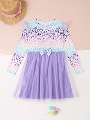 Leopard Print Flutter Trim Long Sleeve Tutu Dress