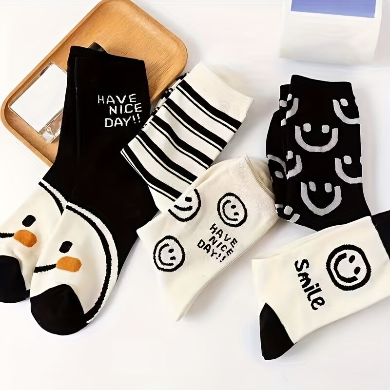 5 Pairs Smile Print Socks Women's Stockings & Hosiery