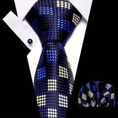 Men's Plaid Pattern Tie Pocket Scarf Cuff Set For Suits