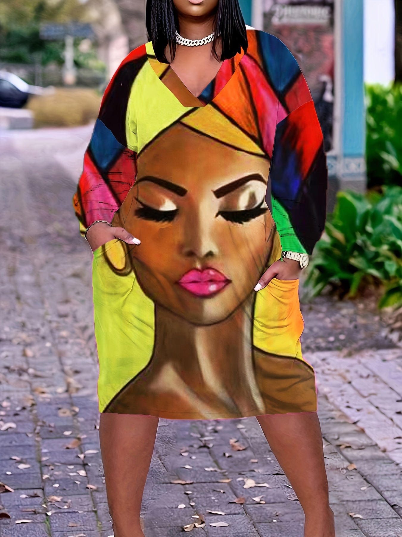 Colorblock Figure Print V Neck Dress