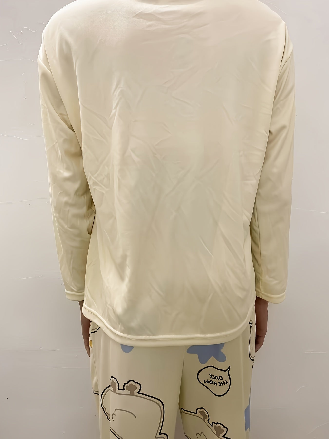 Duck Print Pajama Set Long Sleeve Top & Elastic Waistband Pants