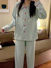 Plaid Button Down Pajamas Blouse & Pants Set