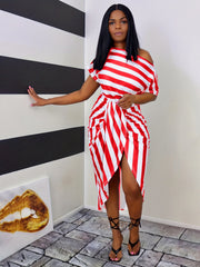 Sexy Striped One Shoulder Split Dress