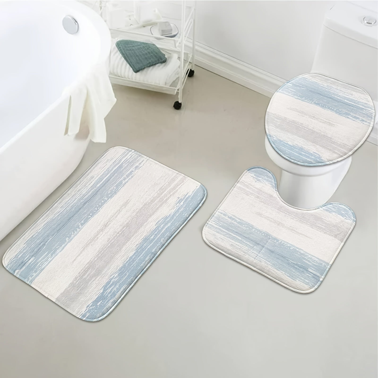 4 Pc Bathroom Set: Curtain, Rugs, Non-Slip Mat, Toilet Lid Cover, Hooks