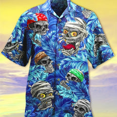 Men's Hawaiian Shirt Skull & Tropical Leaf Print - Summer Vacation Wear