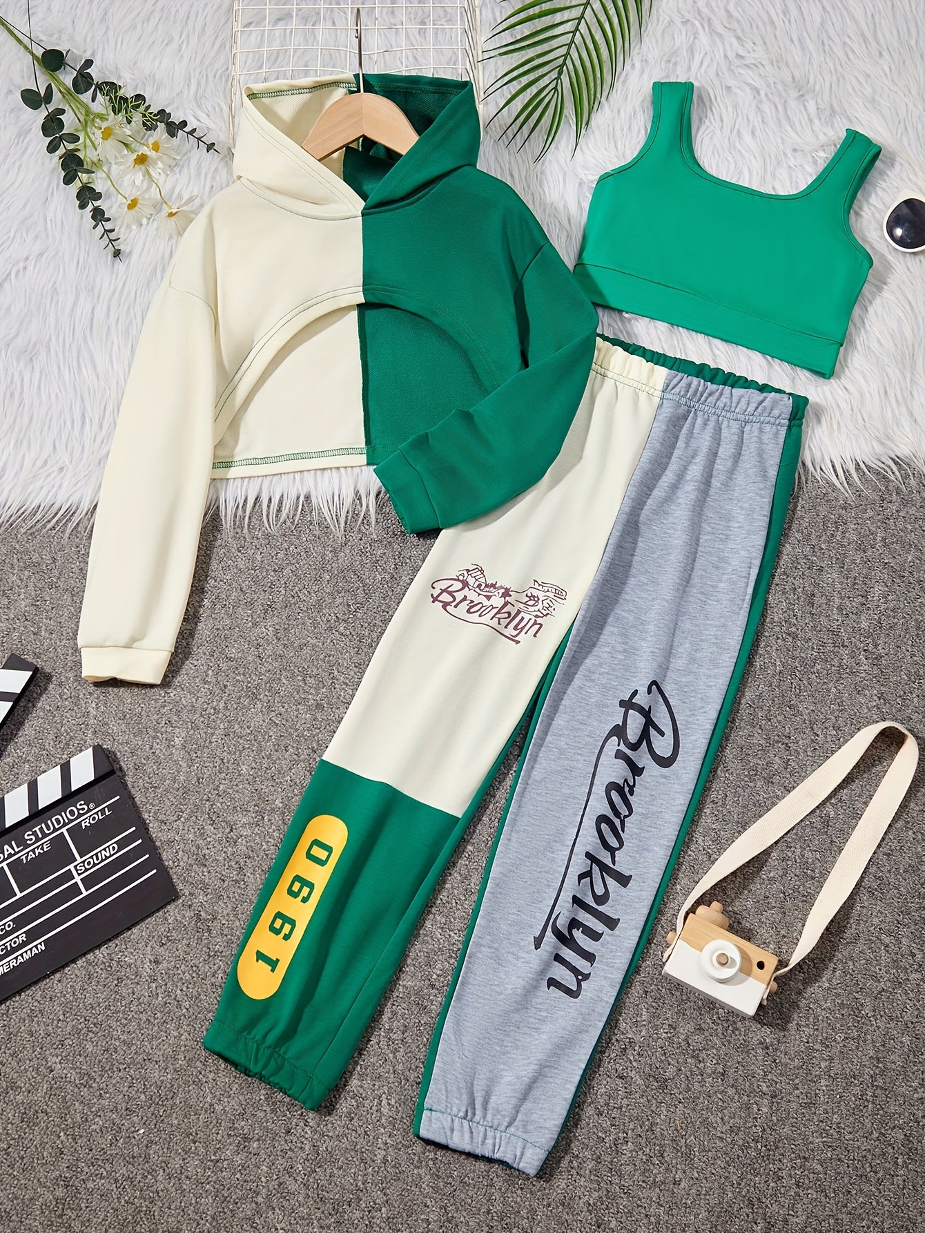 Girl's Hip Hop 3pc Outfit Set: Crop Hoodie, Tank Top, Sweatpants
