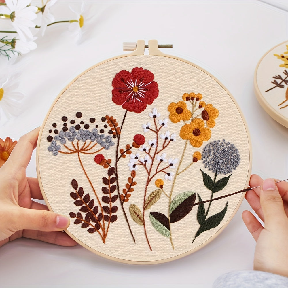 4pcs Floral Embroidery Kit Hoops Floss Threads Needles Cross Stitch Kits