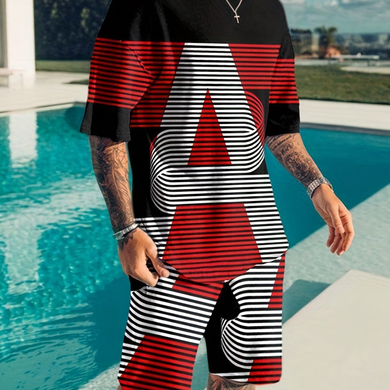 Letter And Stripe Print Mens 2 Piece Outfits T-shirt And Shorts Set