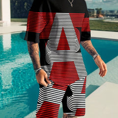 Letter And Stripe Print Mens 2 Piece Outfits T-shirt And Shorts Set