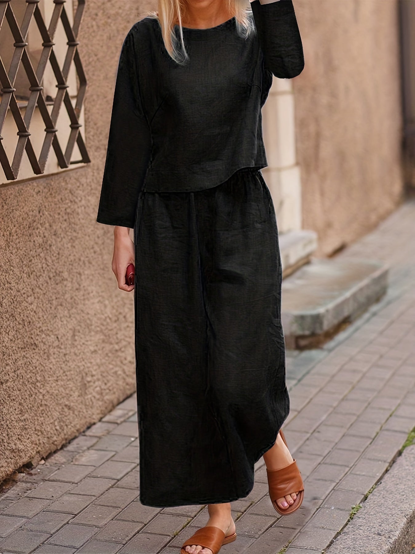 Casual Boat Neck Long Sleeve Tops & Wide Leg Pants Set