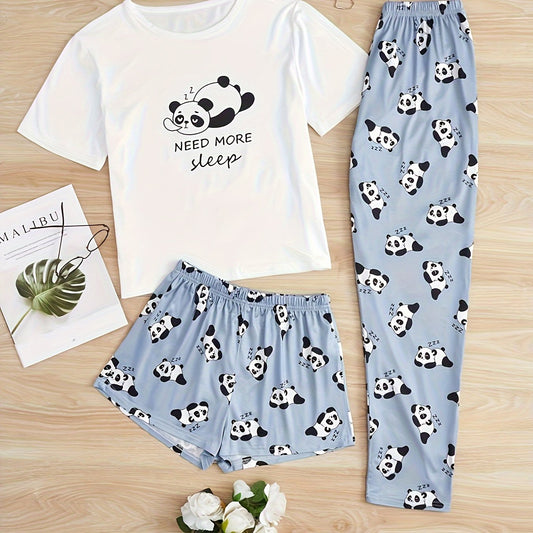 Cartoon Panda Print 3 Pc Loungewear Set Women's Plus
