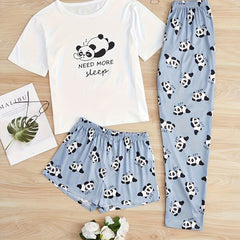 Cartoon Panda Print 3 Pc Loungewear Set Women's Plus
