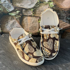 Leopard Heart Flat Skate Shoes Shallow Mouth Casual Women's Shoes