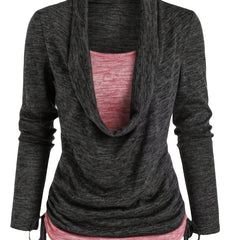 Colorblock Knit Top Cowl Neck Ruched Side 2 in 1 Top