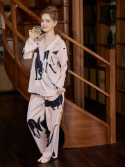 Cat Print Pajama Set Long Sleeve Buttons Top & Elastic Waistband Pants
