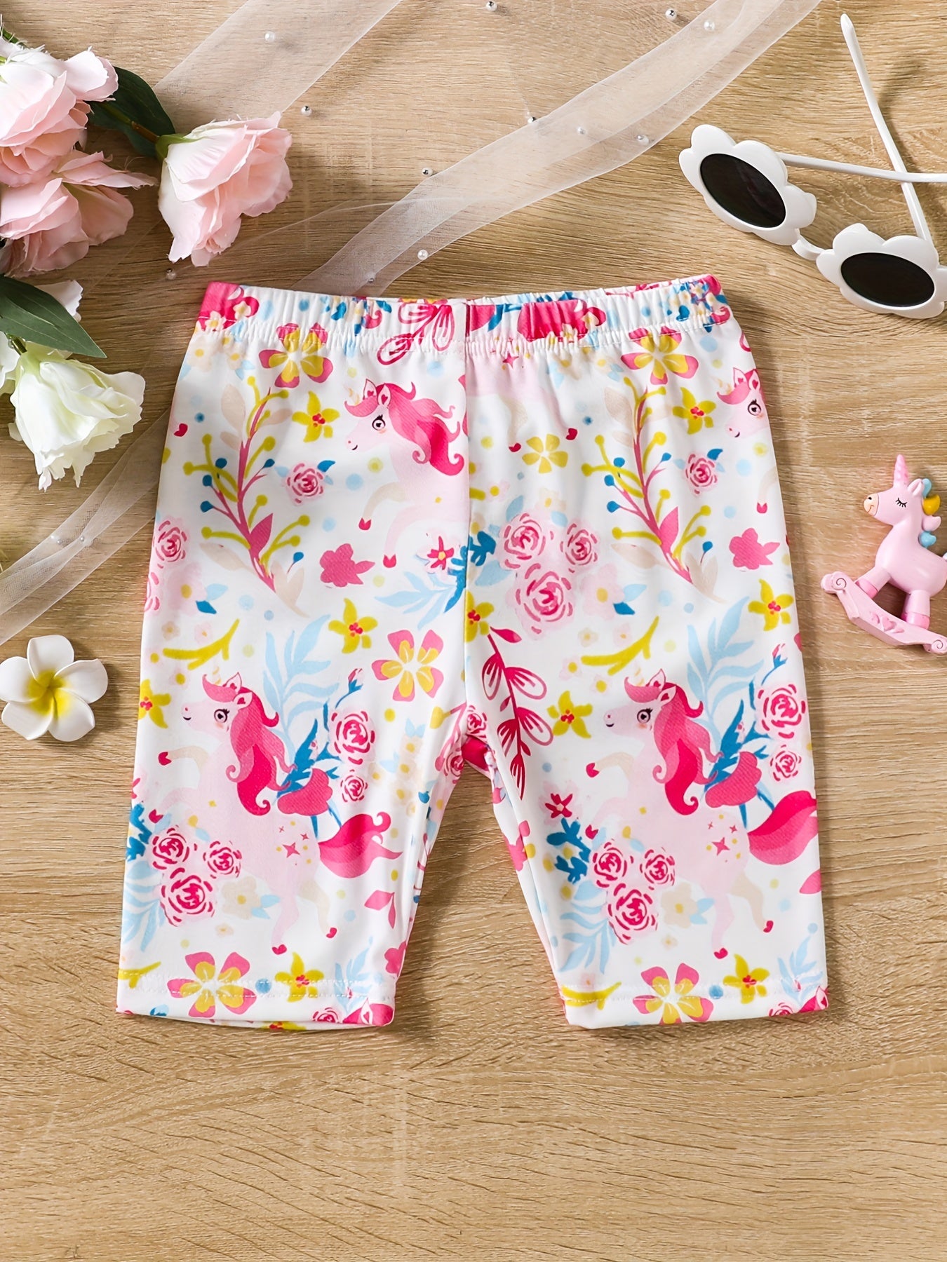Toddler Girls Unicorn And Flowers Elastic Waist Biker Shorts