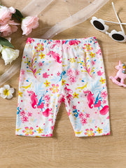 Toddler Girls Unicorn And Flowers Elastic Waist Biker Shorts