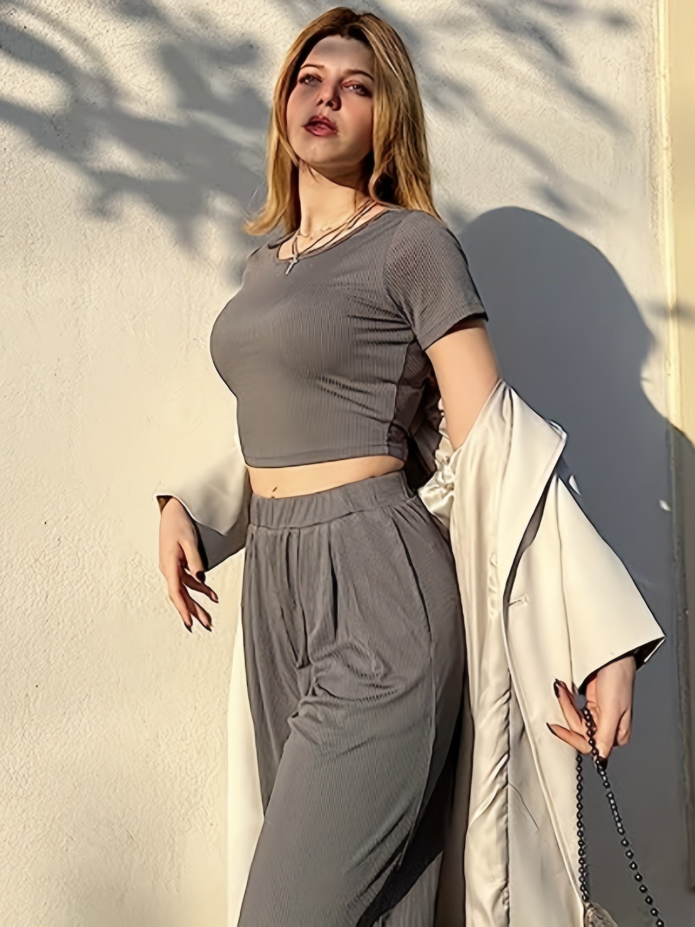 Solid Ribbed Two piece Set Short Sleeve Crop T shirt & Pocket Wide Leg Pants