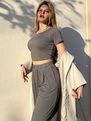 Solid Ribbed Two piece Set Short Sleeve Crop T shirt & Pocket Wide Leg Pants