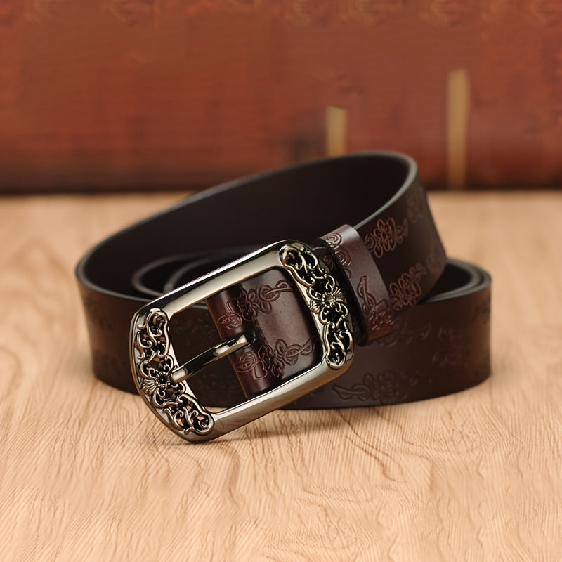 Vintage Embossed Leather Belt with Rectangular Buckle