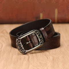 Vintage Embossed Leather Belt with Rectangular Buckle