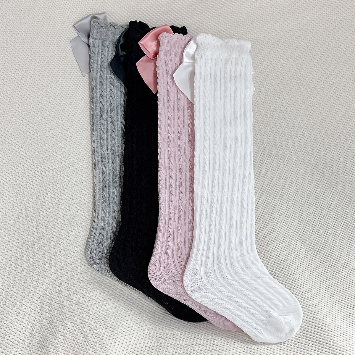 4 Pairs Girls Breathable Mesh Cable Knit Knee High Socks with Satin Bow