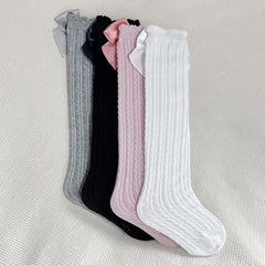 4 Pairs Girls Breathable Mesh Cable Knit Knee High Socks with Satin Bow